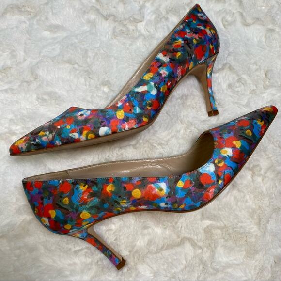 Manolo Blahnik Multicolor Floral Print Satin Pointed Toe Pumps Heels Size 39.5 - Picture 2 of 16